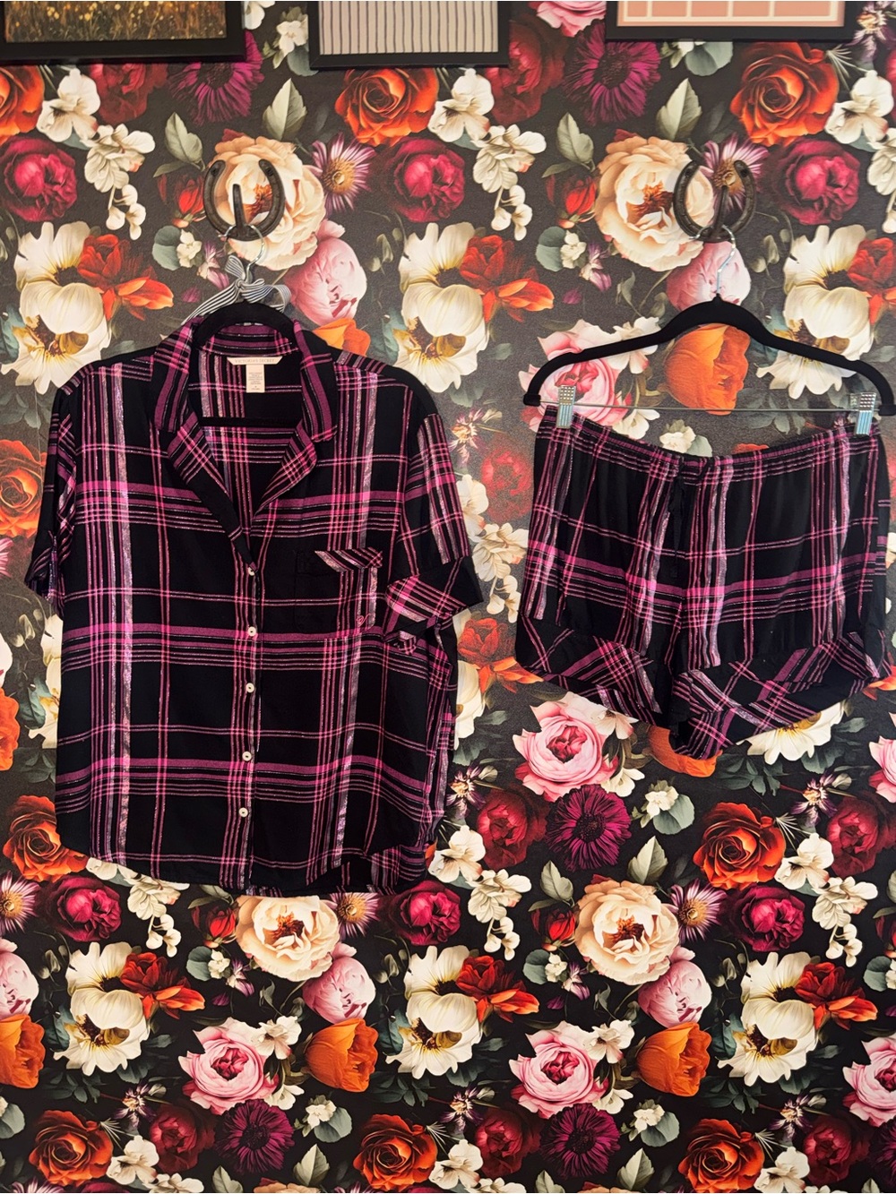 Victoria's Secret Black & Pink Plaid Cotton Short Pajama Set, M